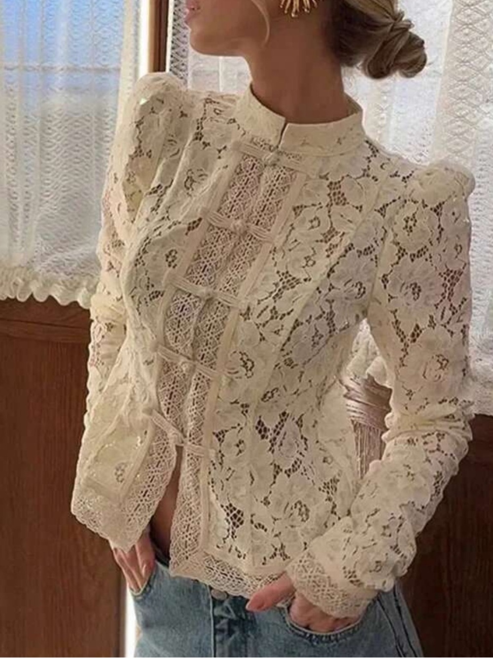 Lace crochet trim mandarin frog button ivory Cream Long-Sleeve Top - Picture 4 of 9